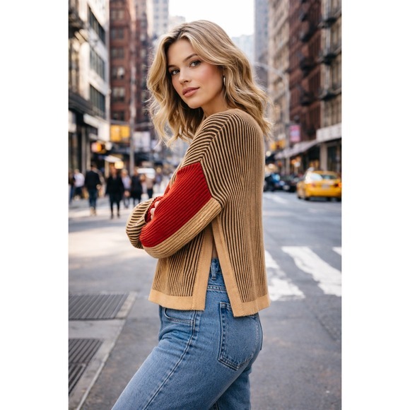 Topshop Sweaters - Topshop Colorblock Striped Knit‎ Sweater Camel Black Red Y2K Size 6